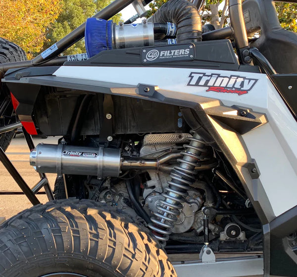 RZR XP 1000 STINGER EXHAUST performance UTV part on off-road vehicle showcasing aftermarket upgrade with stainless steel muffler.