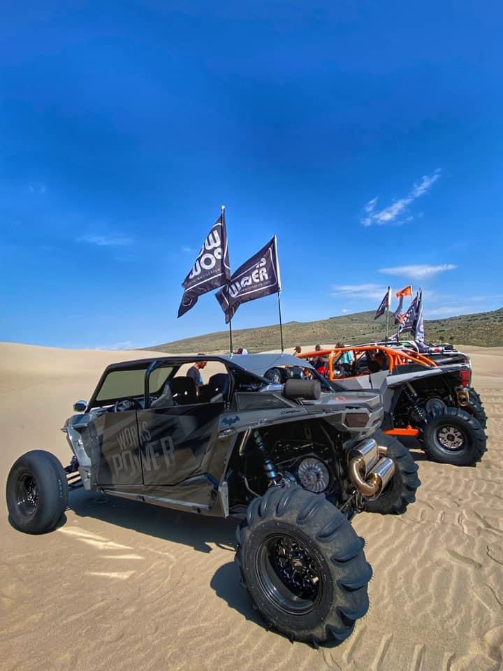 Works Power Cold Air Intake Polaris RZR XPT/ Turbo S in desert landscape, showcasing UTV performance parts and off-road upgrades.